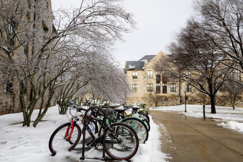 Bicycles lined up in a bike rack on a snowy lawn on Virginia Tech's campus