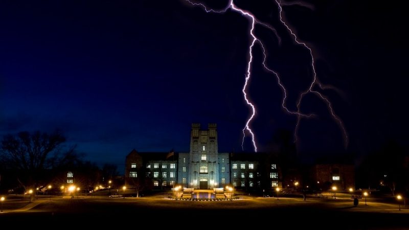 Burruss Hall with lightning