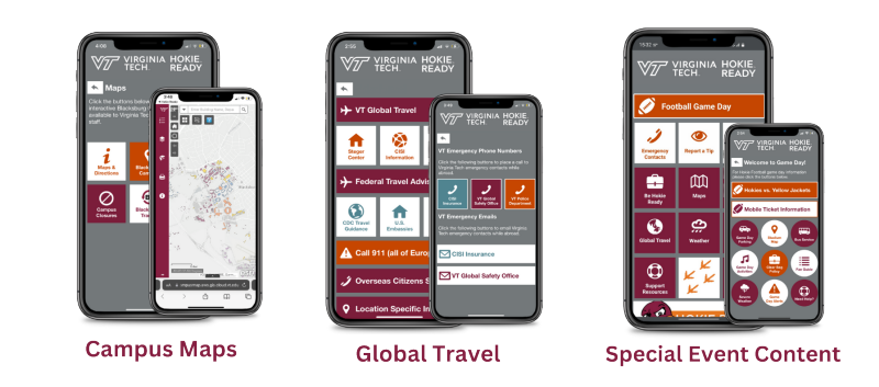 Hokie Ready App screenshots of Hokie Ready App homepage, Be Hokie Ready Resources, Emergency Contact List, Report a Crime Tip, and Emergency Specific Response Guides