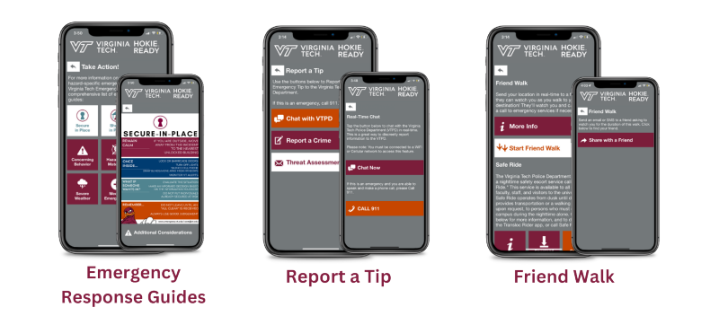 Hokie Ready App screenshots of Campus Maps, Weather, Hokie Health, Friend Walk, and Support Resources pages in the app