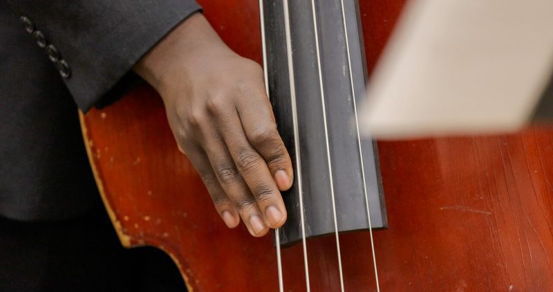 A macro shot of a slightly weathered stand-up bass with a red wood finish and a dark grey fingerboard. A students' hand with a charcoal grey suit cuff rests on the left-most string.
