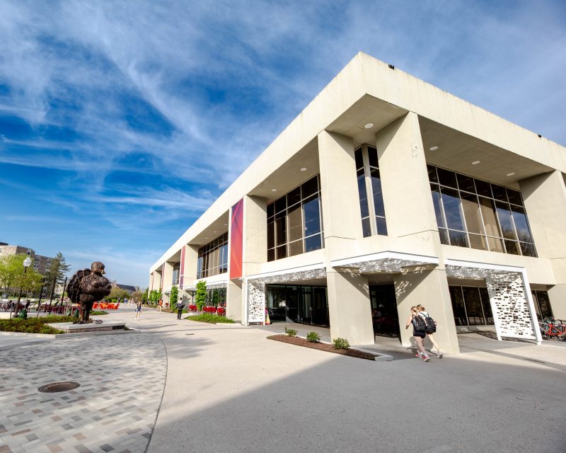 The exterior of Dietrick Hall features the Quillen Spirit Plaza and its ADA-compliant pathways
