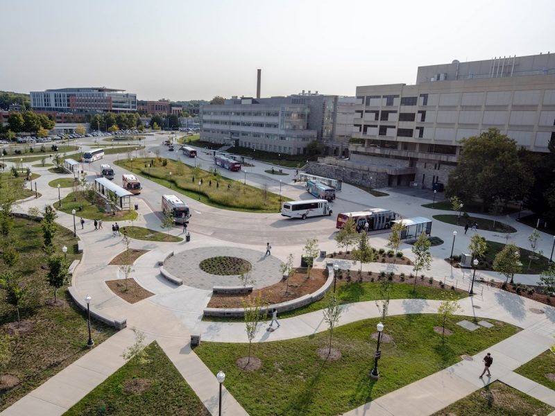 The Maroon Bus Loop and surrounding area on a summer afternoon. 